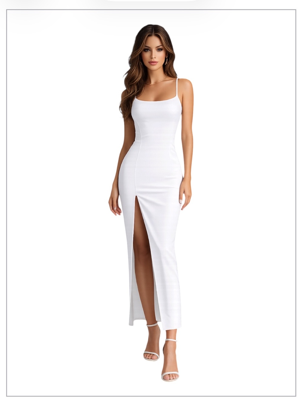ZAFUL White Slinky Bodycon Maxi Dress Spaghetti Strap Thigh Slit Size M